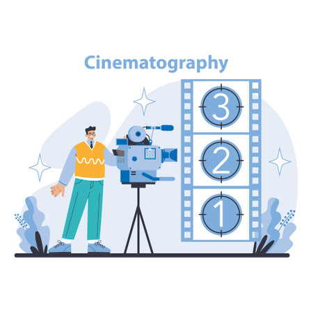 Cinematography concept. The art of filmmaking and visual storytelling. Directors craft in movie production. Film industry technology and evolution. Flat vector illustration.のイラスト素材