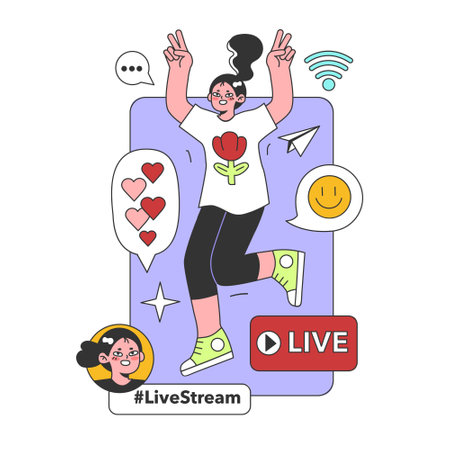 Live stream. Blogger on social media live. Online video clip or short video. Entertaining and engaging content. Flat vector illustrationのイラスト素材