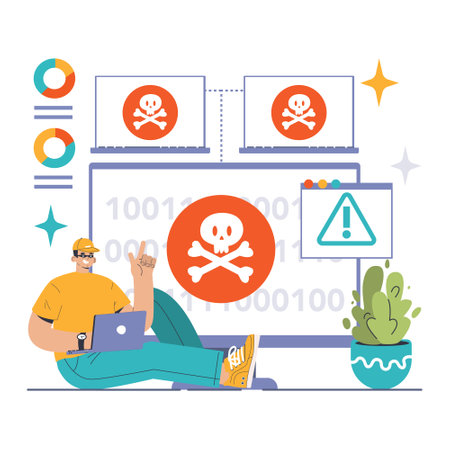Botnet attack illustration. Hacker orchestrating a network breach with multiple compromised computers, emphasizing cyber vulnerability. Stay alert, secure devices. Flat vector illustrationのイラスト素材
