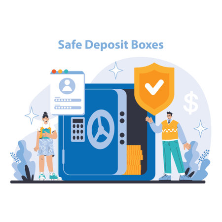 Safe Deposit Boxes concept. Security for valuables with banks safe deposit service. Personal items protected under lock and key. Assurance for clients peace of mind. Flat vector illustration.のイラスト素材