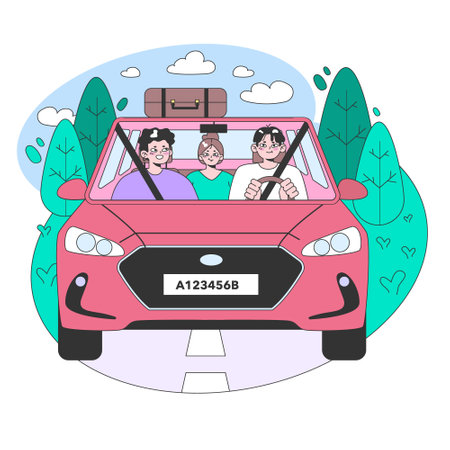 Road trip. Young people or family going on vacation by a car. Characters driving automobile on holidays, traveling the world together. Flat vector illustrationのイラスト素材