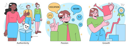 Finding your way in life set. Diverse character navigating personal development and career paths....