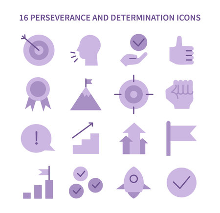 Perseverance and Determination icon set. A collection of symbols representing goals, achievements, and the journey of resilience. Essential elements for motivational themes. Flat vector illustrationのイラスト素材