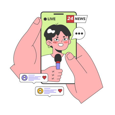 Streaming media service. Online platforms subscription. Phone screens with educational, entertaining and news content. Flat vector illustrationのイラスト素材