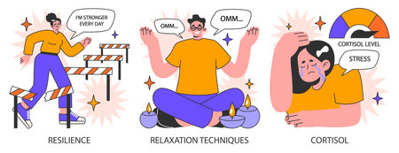 Stress management set. Diverse office characters work burnout. Employee work-life balance, relaxation techniques and self-care. Emotional intelligence and mindfulness. Flat vector illustration.のイラスト素材