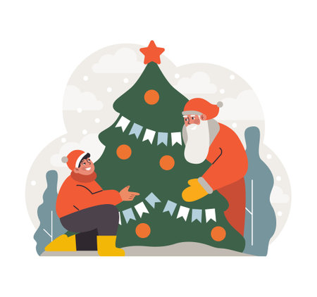 Christmas celebration. Santa Claus and little boy beside a Christmas tree. Cheerful kid get a present on festive night. Winter holidays. Festive traditions. Flat vector illustrationのイラスト素材