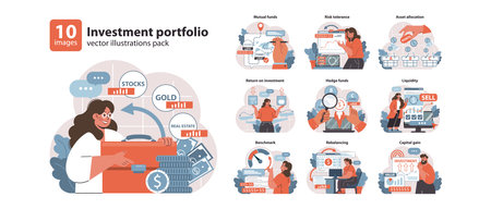 Investment portfolio set. Diverse strategies in finance and asset management. Stocks, gold, real estate choices. Return on investment, hedge funds dynamics. Flat vector illustration.のイラスト素材