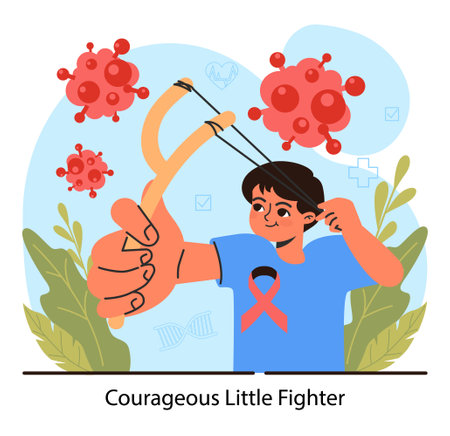 Child cancer. Boy shooting cancer cells with a slingshot . Little kid getting medical treatment fighting against oncological illness. Pediatric chemotherapy. Flat vector illustrationのイラスト素材