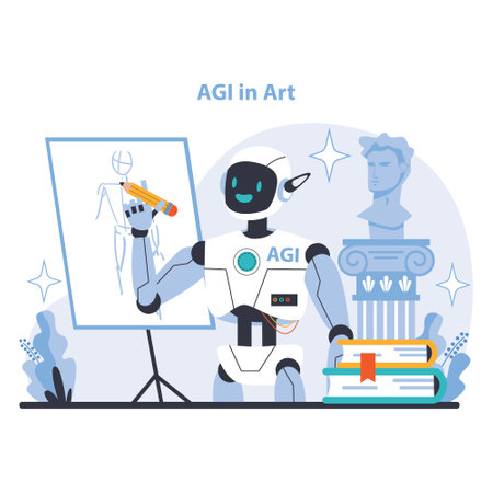 AGI concept. Merging AI with artistic creativity to innovate in art. AI redefining the boundaries of expression. Flat vector illustration.のイラスト素材