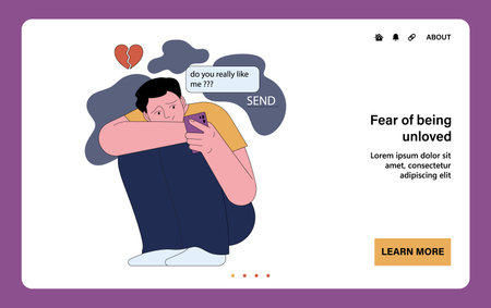 Fear of being unloved web or landing. Insecure and sad young man texting to his lover. Lack of validation in relationships or low self-esteem. Anxious attachment style. Flat vector illustrationのイラスト素材