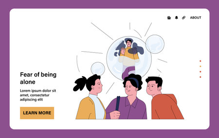 Fear of loneliness web or landing. Frightened young man drifting away from his friends. Panic expression, phobia of separation, isolation or rejection. Flat vector illustrationのイラスト素材