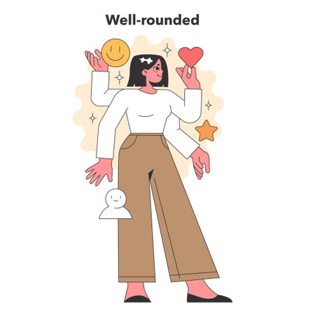 Expressive vector illustration portrays a well-rounded individual balancing multiple positive...