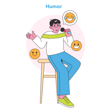 Humor concept. Cheerful storyteller sharing joy with amusing facial expressions, surrounded by laughter and smiley faces. The joy of laughter. Vector illustration.のイラスト素材