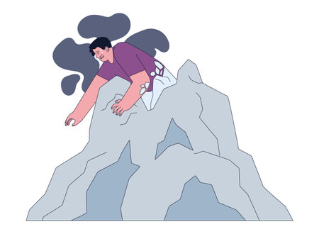 Fear of stagnation. Young scared or terrified man stuck in a rock. Character cant move, turning into a rock. Inactivity, static and dullness idea. Flat vector illustrationのイラスト素材