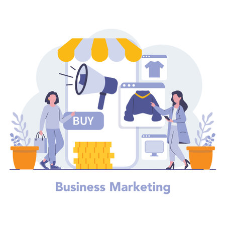 Business Marketing concept. Captivating online retail experience with strategic digital promotion and direct consumer engagement. Vector illustration.のイラスト素材
