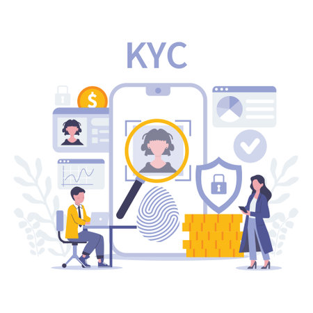 KYC concept. A seamless blend of biometric verification, digital profiles, and financial scrutiny to ensure stringent user authenticity. Flat vector illustration.のイラスト素材