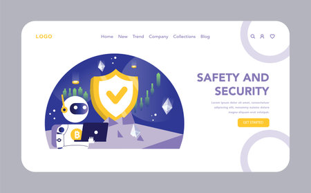 Safety and Security web or landing page. An illustration highlighting the protective measures of crypto trading bots, featuring a shield symbol that ensures secure transactions in the volatile market.のイラスト素材