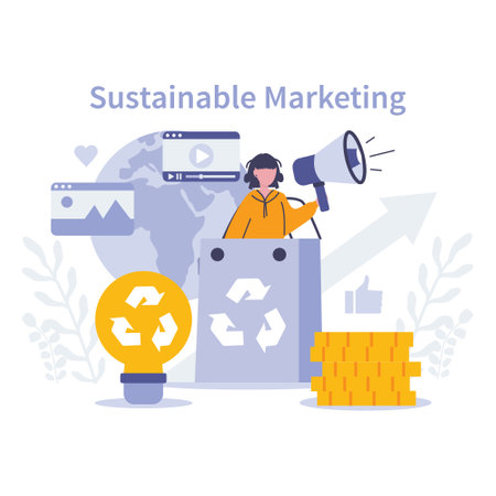 Sustainable marketing concept. Eco-friendly strategies and green branding in digital advertising. Environmental awareness in business promotion. Vector illustration.のイラスト素材