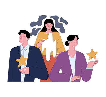 Fear of being unappreciated. Young scared woman standing alone overshadowed by her peers. Corporate workers with stars of achievement. Flat vector illustrationのイラスト素材