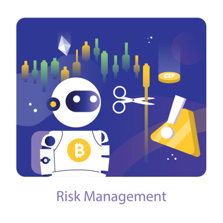 Risk Management concept. A crypto trading bot is illustrated managing risks with precision, as indicated by market charts and a symbolic cut of potential losses. Essential for financial strategy.のイラスト素材