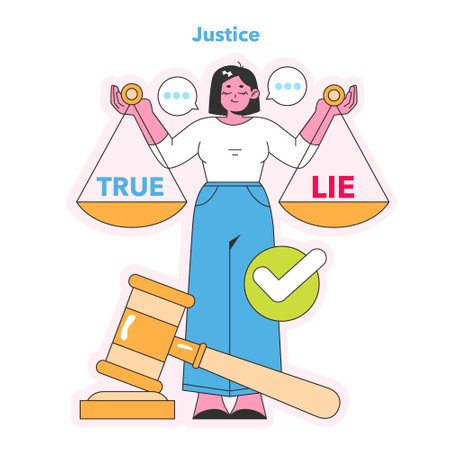 Justice concept. Figure balancing scales of truth and lies, representing fairness and honesty in judgment. Integrity in decision-making. Vector illustration.のイラスト素材