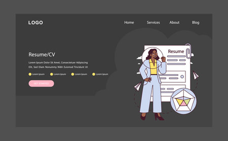 Resume Crafting. Job seeker confidently polishes her resume, ensuring her skills and experience shine for potential employers. Vector illustration.のイラスト素材