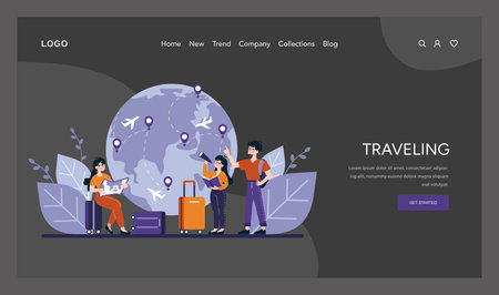 Traveling theme set. Family ready for a journey, with luggage and a map, excitedly anticipating their adventures around the globe. Vector illustrationのイラスト素材