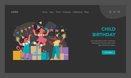 Child birthday concept. Kids celebrating birthday. Euphoric children amidst party, with gifts and joyous confetti-filled air. Pure, youthful delight, happy childhood. Flat vector illustrationのイラスト素材