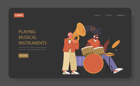 Retirees Activities concept. Joyful seniors engaging in music, with instruments spanning brass to percussion. Celebrating lifelong learning and creativity.のイラスト素材