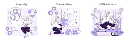 Self Development set. A visual narrative on adaptability in thought, puzzle-solving acuity, and the tranquility of self-growth. Captures the journey of personal enhancement. Vector illustrationのイラスト素材
