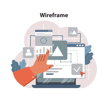 Wireframe Development concept. Designers hand crafting a responsive website layout, emphasizing essential elements and visual hierarchy. Ensuring user-centric design. Flat vector illustrationのイラスト素材