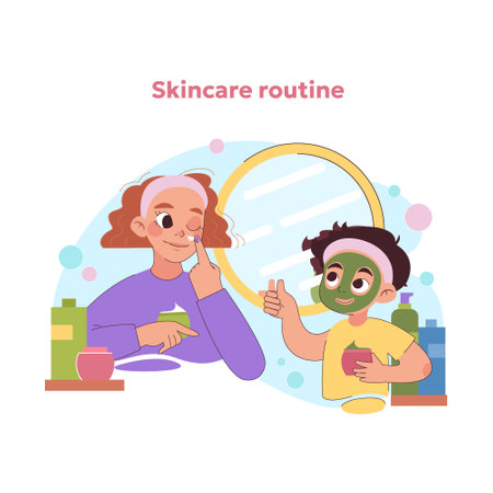 A cartoon woman and a boy, inspired by fictional characters, are happily doing their skincare routine in front of a mirror. Their gestures and expressions are illustrated in magenta drawing art styleのイラスト素材