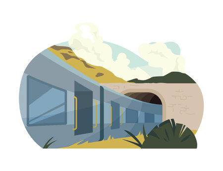 Train Exiting Tunnel. A train emerges from a tunnel into daylight, surrounded by natures tranquility. Symbolizes new journeys and discoveries.のイラスト素材
