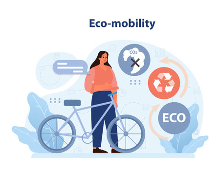 Woman with bicycle promoting eco-mobility in cities. Illustration captures carbon reduction, recycling ethos, and a sustainable urban lifestyle. Eco-conscious commuting choice. Flat vectorのイラスト素材