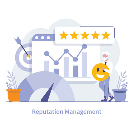 Reputation Management Concept. Strategies for positive brand perception and stellar public relations showcased with top ratings. Vector illustration.のイラスト素材