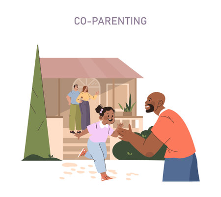 Modern Families concept. Joyful co-parenting exchange outside a welcoming home. Shared child custody with happiness and ease.のイラスト素材