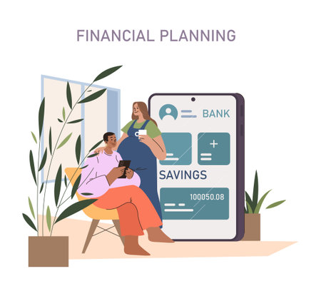 Financial Planning concept. Couple engaged in digital banking and savings management. Secure future through smart finance.のイラスト素材