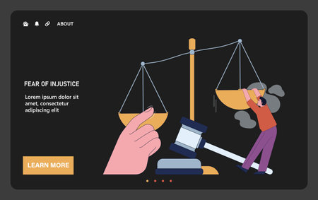 Fear of injustice web or landing dark or night mode. Character struggles to balance the scales of justice. Fight against unfair treatment and inequality. Global social issue. Flat vector illustrationのイラスト素材