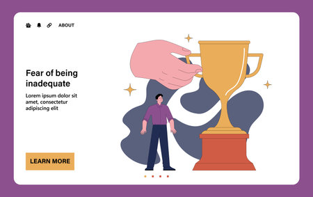 Fear of inadequacy. Man standing right behind a large undeserved trophy or prize. A tiny inferior person experiencing feelings of insignificance standing small. Flat vector illustrationのイラスト素材