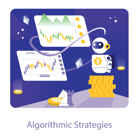 Algorithmic Strategies concept. Showcasing the strategic prowess of crypto trading bots with a visual metaphor of chess, emphasizing the tactical analysis and stacked profits. Vector illustration.のイラスト素材