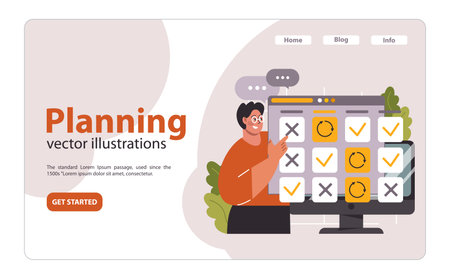 Planning concept. Man interacting with a digital calendar, scheduling tasks, marking deadlines and setting reminders. Time management and organization. Flat vector illustrationのイラスト素材