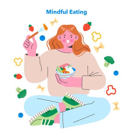 Healthy Snacking concept. Woman enjoying a bowl of nutritious food, surrounded by fresh produce icons. Balanced diet and wellness lifestyle. Vector illustration.のイラスト素材