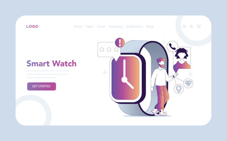 Smart watch web or landing page. Man interacting with a smartwatch for timely notifications and health tracking. Personal tech in modern lifestyle. Vector illustration.のイラスト素材