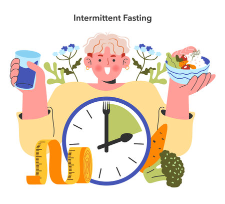 Intermittent Fasting concept. A person incorporating time-restricted eating with a focus on health and well-being. Nutrition control, weight management. Vector illustration.のイラスト素材