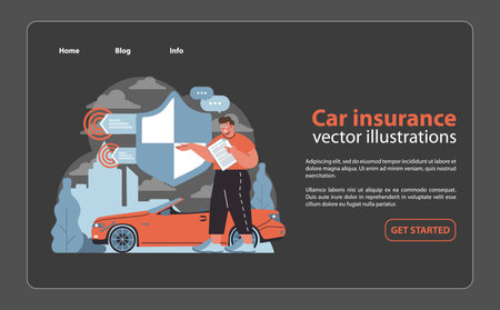 Car insurance concept. Driver examines vehicle protection plan, ensuring safety on the road. Comprehensive auto coverage in urban setting. Flat vector illustration.のイラスト素材