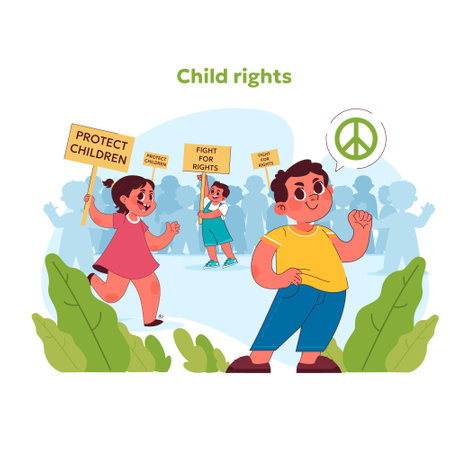 Child rights concept. Kids of various ages rallying for protection and peace. Young boys and girls campaigning for safeguarding of minors. Advocating for children rights. Vector illustrationのイラスト素材