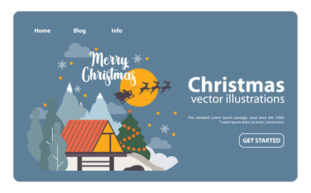 Christmas celebration web banner or landing page. Santa Claus flying on sleigh with reindeers. Christmas character with presents riding in the night. Holidays Christmas card. Flat vector illustrationのイラスト素材
