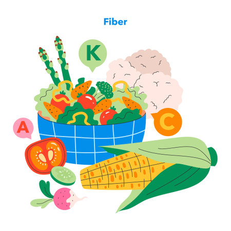 Healthy Snacking concept. A colorful array of nutritious foods rich in vitamins A, C, K, and fiber. Fresh produce promotes balanced diet. Vector illustration.のイラスト素材
