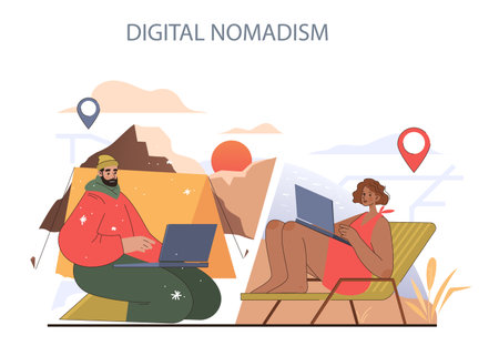 Digital Nomadism concept. Adventurous spirits with laptops explore remote work from snowy peaks to sunny shores. Freedom and work unite.のイラスト素材