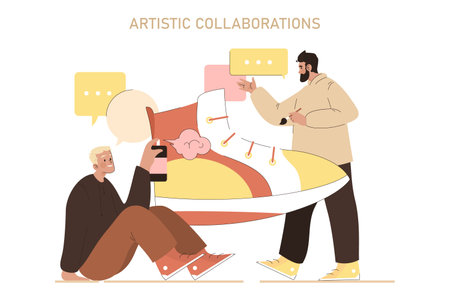 Artistic Collaboration concept. Two creatives exchange ideas on a joint project, showcasing cooperative art and design process. Dynamic interaction in creativity. Vector illustration.のイラスト素材